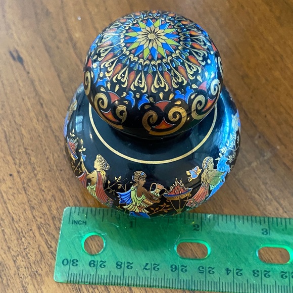 Greek mythology 24k trim Vintage Black and Gold Accent Jar with Colorful Motifs - Picture 10 of 11